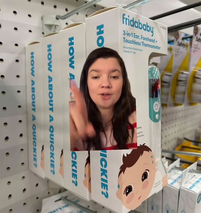Product packaging for Frida Mom thermometer with an overlaid image of a woman, highlighting controversial marketing online.