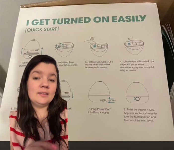Woman demonstrating Frida Mom product with instructions, highlighting controversial and inappropriate marketing causing online chaos.