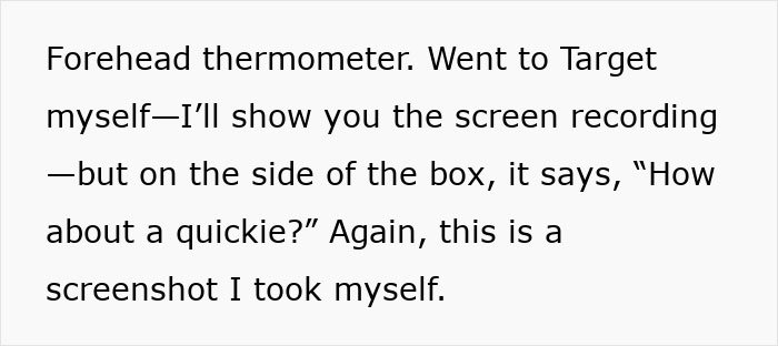 Screenshot of a forehead thermometer box with inappropriate marketing text causing Frida Mom online chaos.