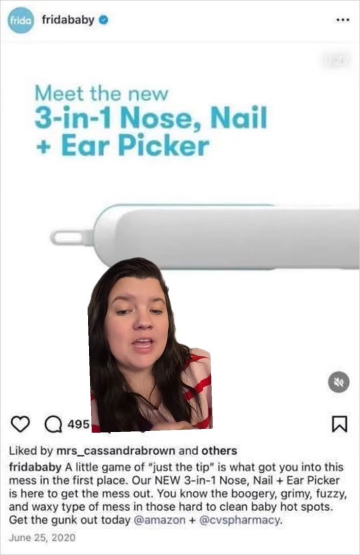 Instagram post from Frida Mom marketing a 3-in-1 Nose Nail Ear Picker causing major online chaos.