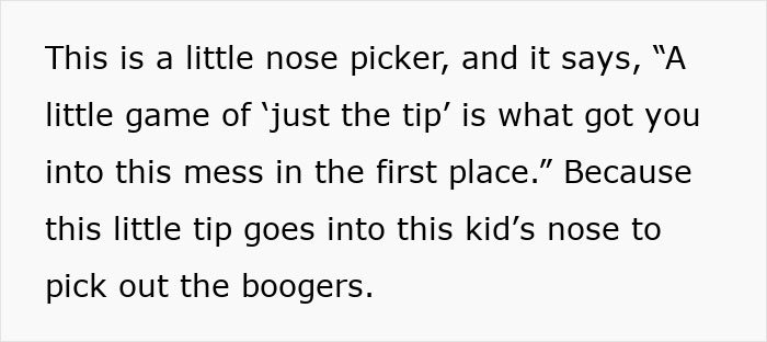 Text description explaining a small nose picker used to remove boogers, highlighting Frida Mom’s controversial marketing approach.