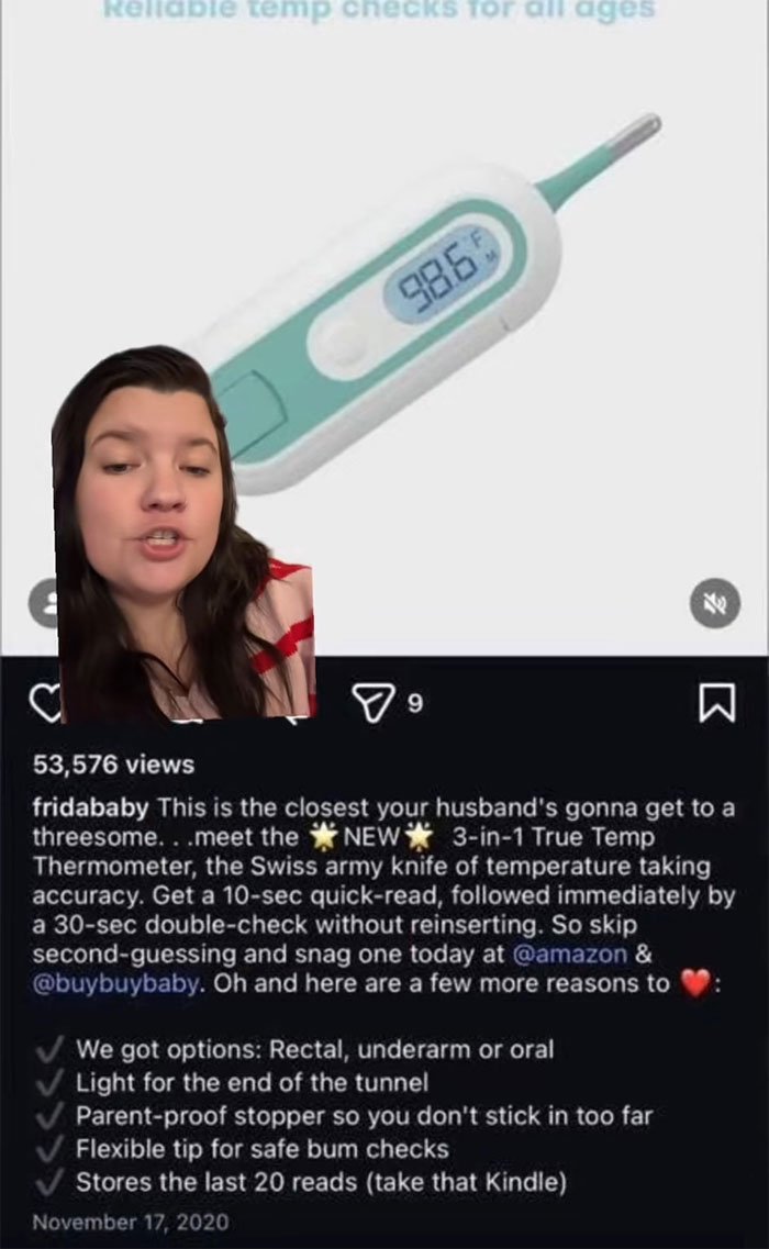 Woman reviewing a 3-in-1 thermometer in a video, highlighting Frida Mom’s controversial marketing online.