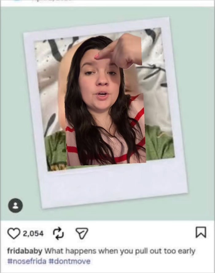 Woman making a hand gesture in a social media post highlighting Frida Mom's controversial marketing and online chaos.