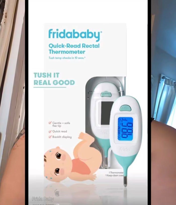 Frida Mom marketing chaos with baby thermometer packaging showing a rectal thermometer and baby illustration.
