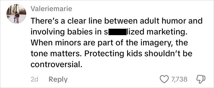 User comment about the controversy over Frida Mom's inappropriate marketing involving babies and child protection concerns online.