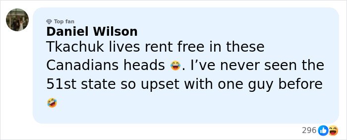 Comment from a top fan named Daniel Wilson about Olympic hockey rivals and heated rivalry on social media.
