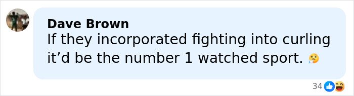 Screenshot of a social media comment discussing curling, related to Olympics and cheating accusations involving Canada.