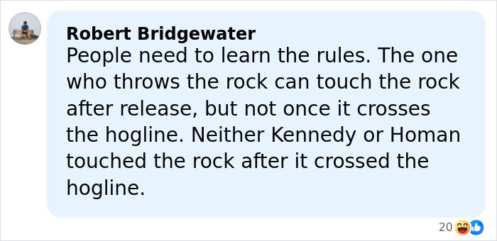 Comment by Robert Bridgewater explaining curling rules related to rock touching after release in an Olympics context.