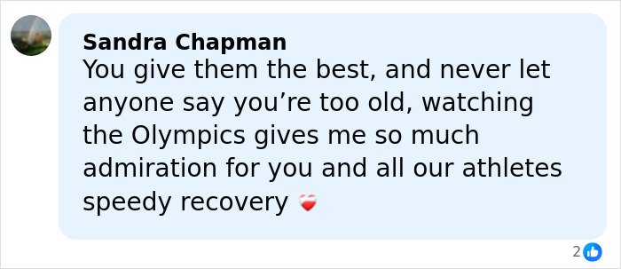 Screenshot of a supportive social media comment mentioning the Olympics and wishing Lindsey Vonn a speedy recovery.