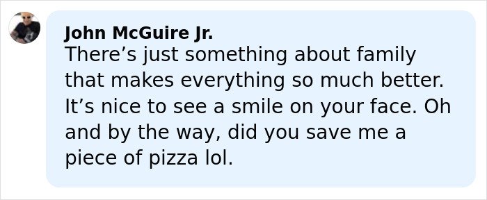 Person wearing dark sunglasses and a black top, sharing thoughts on family and pizza in a casual message format.