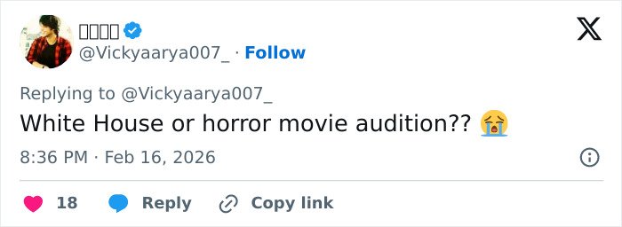 Tweet screenshot showing a user commenting on a woman’s strange behavior during White House press conference with a crying emoji.