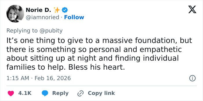 Tweet from Norie D. commenting on the personal and empathetic nature of Kunal Nayyar’s GoFundMe revelation response.