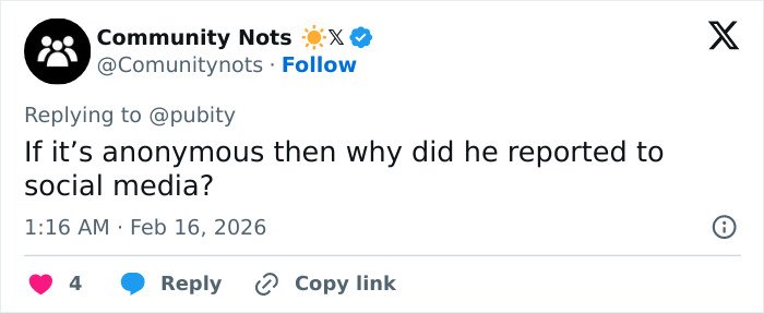 Screenshot of a Community Nots Twitter reply questioning the anonymity in Kunal Nayyar GoFundMe response.