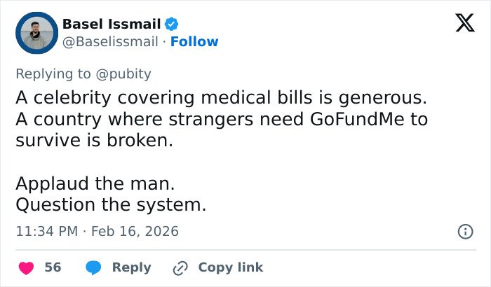 Tweet by Basel Issmail on GoFundMe reaction to Kunal Nayyar’s support amid bleak public response in the healthcare system debate.