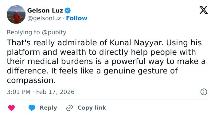 Tweet praising Kunal Nayyar’s GoFundMe efforts to help people despite a shockingly bleak response online.