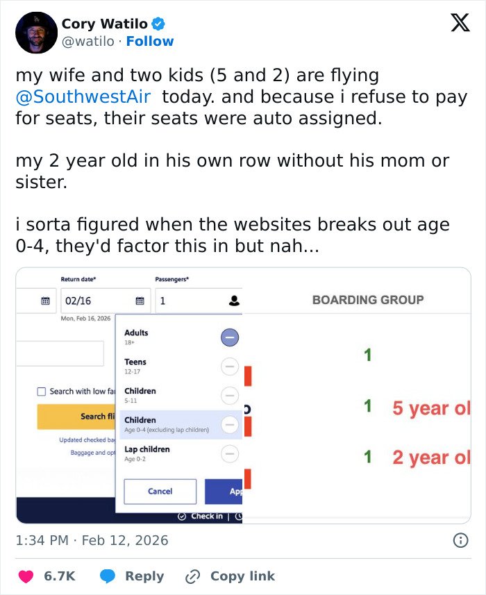 Tweet screenshot showing a father complaining about Southwest seating his toddler away from mom after refusing to pay extra for seats.