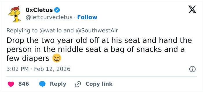 Screenshot of a tweet criticizing Southwest Airlines for seating a toddler away from mom after refusing extra payment.