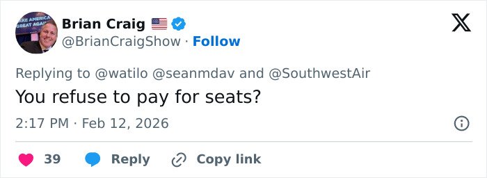 Tweet from Brian Craig criticizing Southwest Airlines for charging extra for family seating, sparking debate over toddler seating policies.