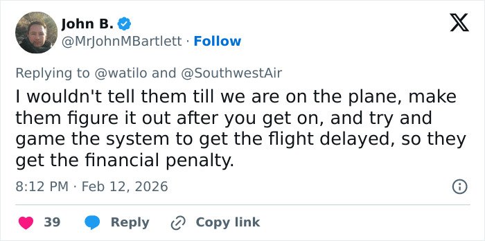 Tweet by John B criticizing Southwest for seating toddler away from mom after refusing to pay extra, discussing flight delay tactics.