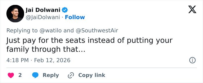 Tweet showing a user criticizing Southwest Airlines for seating toddler away from mom after refusing to pay extra.