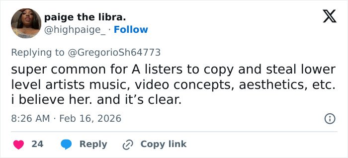 Screenshot of a tweet discussing indie musician accusing Taylor Swift’s Opalite of copying video concepts and aesthetics.