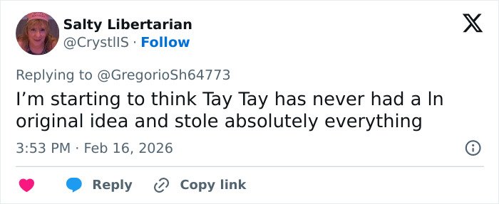 Tweet from user Salty Libertarian accusing Taylor Swift of lacking original ideas and copying content in the indie musician video dispute.