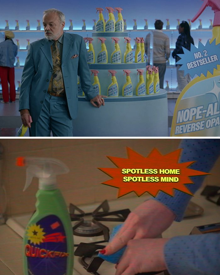 Man in blue suit standing near display of cleaning sprays and a close-up of hands cleaning a stove with yellow and green spray bottle.