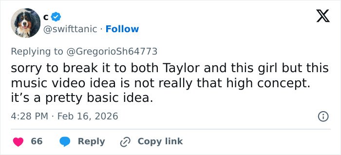 Screenshot of a Twitter reply discussing the music video idea and referencing the concept rip accusation.