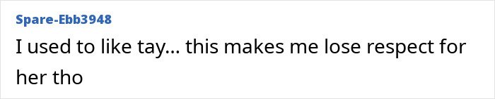 Screenshot of a social media comment expressing loss of respect amid accusations of Taylor Swift’s Opalite video copying.