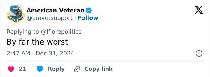 Screenshot of a tweet from American Veteran expressing a negative opinion on Melania Trump in a social media reply.
