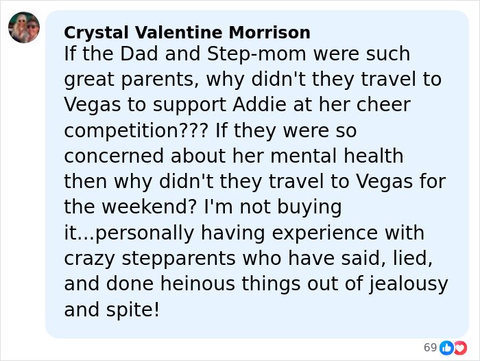 Comment expressing doubts about Utah dance mom’s family support and parent clash linked to Vegas tragedy.