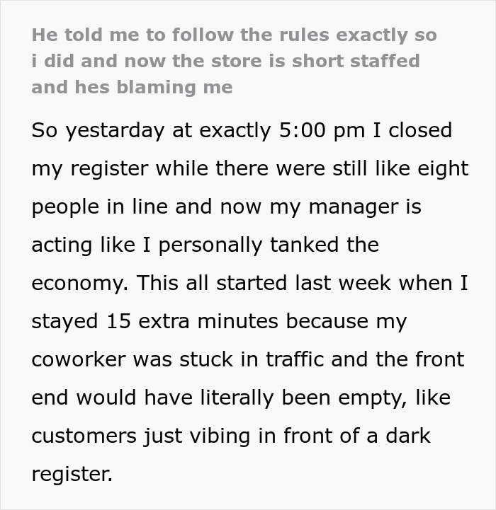 Cashier follows overtime rules during crisis, causing manager to lose patience over short-staffed store situation.
