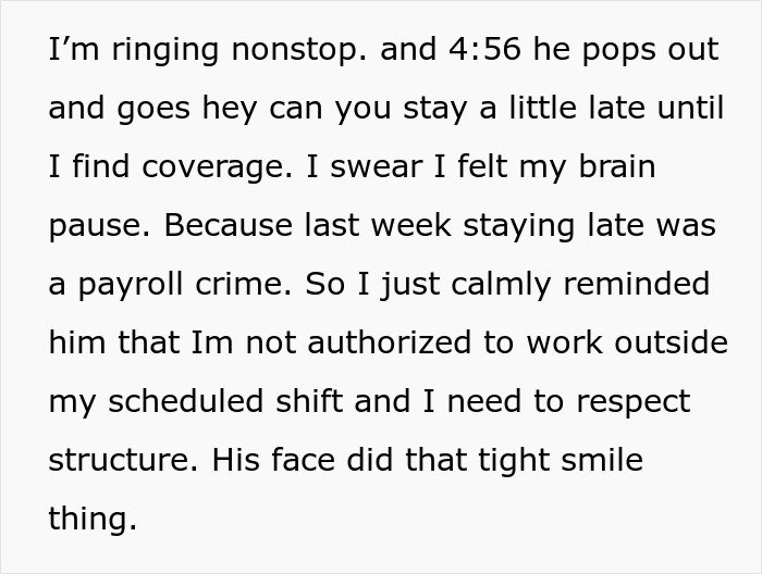 Text excerpt describing a cashier told not to work overtime during a crisis, calmly refusing to stay late.