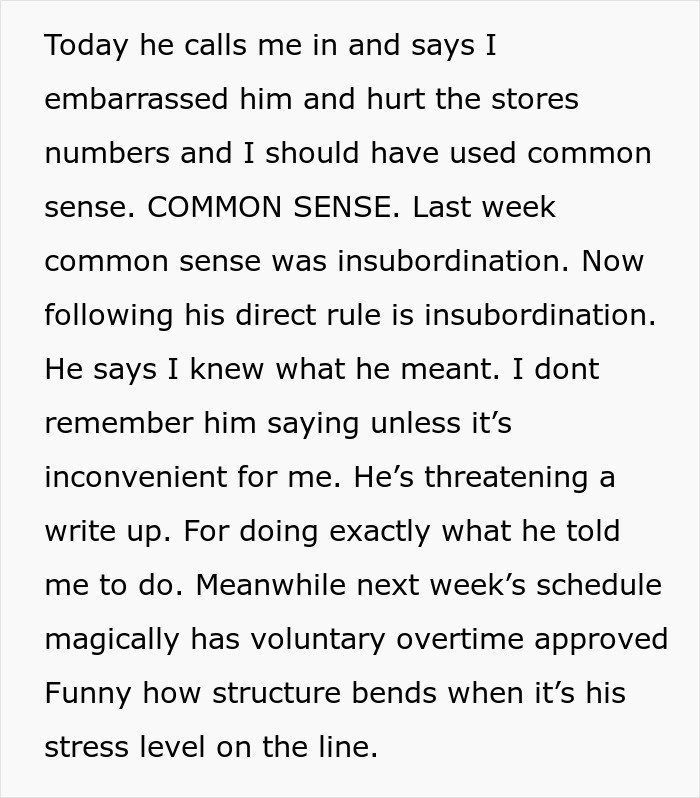 Text explaining a cashier told not to work overtime complying during crisis while manager threatens discipline.