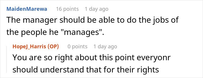 Screenshot of online comments discussing a manager losing it after a cashier complies with no overtime during crisis.