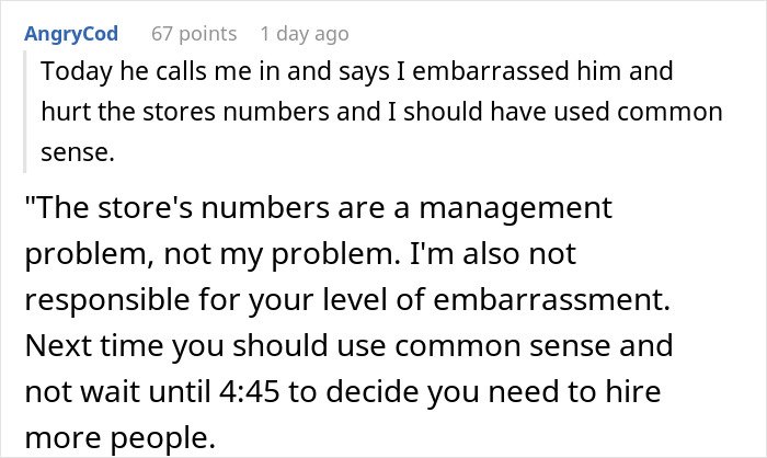 Screenshot of a Reddit comment where a cashier explains manager losing it after being told not to work overtime during a crisis.