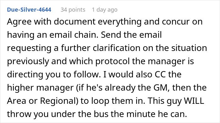 Comment advising to document emails and clarify manager’s protocol after cashier told not to work overtime during crisis.