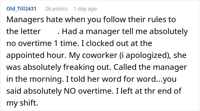 Screenshot of a Reddit comment about a cashier following overtime rules and the manager reacting negatively during a work crisis.
