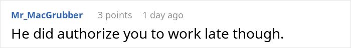 Screenshot of an online comment where a user mentions authorization to work late during a crisis in a retail setting.