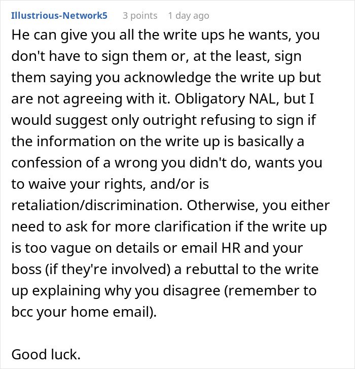 Text of an online comment advising on how to handle write-ups at work, related to cashier overtime compliance and manager reaction.