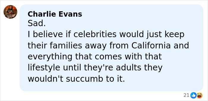 Comment about celebrity families and lifestyle on social media, discussing Tommy Lee Jones’ daughter’s cause of passing.