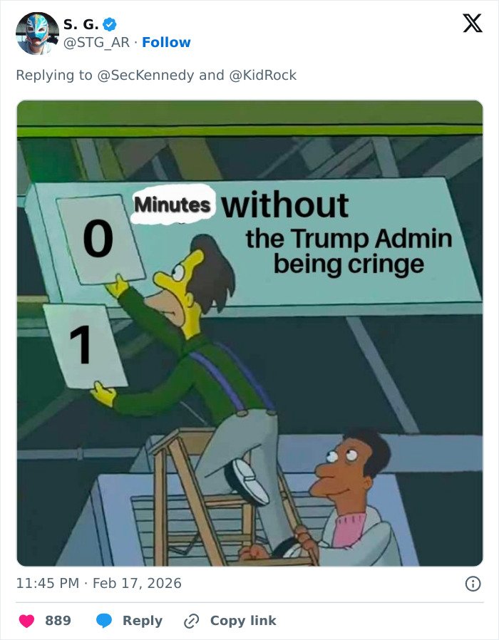 Screenshot from The Simpsons showing a character changing a sign about Trump Admin cringe in a humorous meme style.
