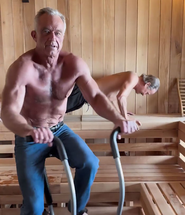 RFK Jr. and Kid Rock shirtless in a wooden sauna during a workout video sparking wild reactions online.