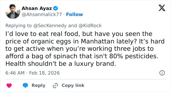 User tweet responding to RFK Jr. and Kid Rock discussing challenges of eating organic food and staying active in Manhattan.