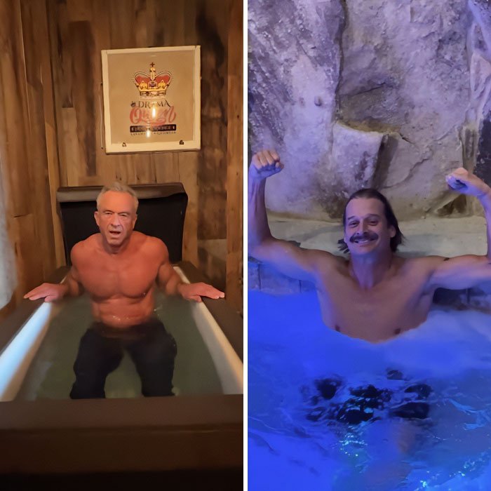 RFK Jr. and Kid Rock shirtless in separate tubs, with RFK Jr. focused and Kid Rock flexing muscles smiling.