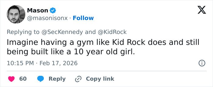 Tweet criticizing RFK Jr. and Kid Rock's workout video, sparking wild reactions and online debate about fitness and image.