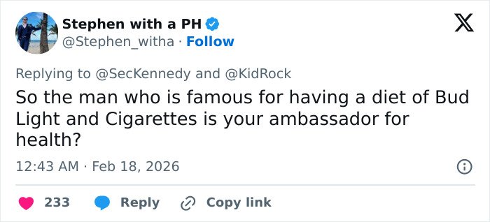 Screenshot of a tweet criticizing RFK Jr.'s health ambassador role amid reactions to his new workout video with Kid Rock.