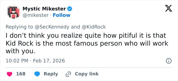 Tweet from Mystic Mikester criticizing collaboration between RFK Jr. and Kid Rock, sparking reactions online.