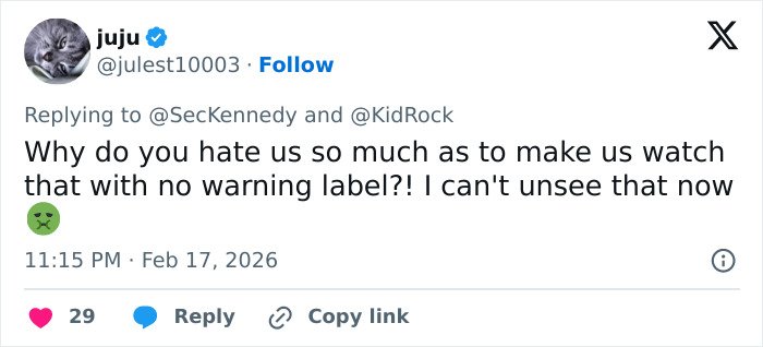 Tweet reacting to RFK Jr. and Kid Rock's new workout video, expressing shock and disbelief without a warning label.