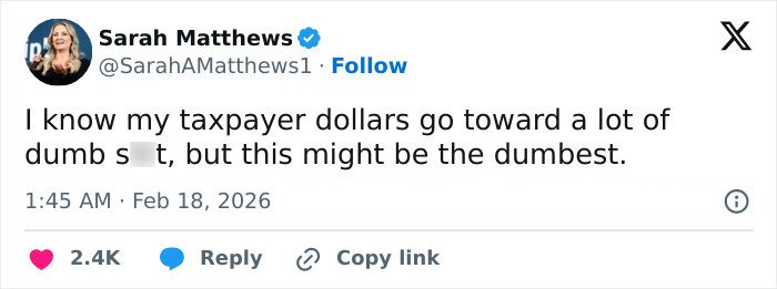 Tweet from Sarah Matthews expressing frustration over taxpayer dollars and calling a workout video madness sparking wild reactions.